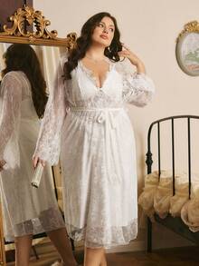 Côtesoire 法式浪漫性感蕾丝拼接镂空荷叶边吊带系带睡袍，白色新娘季睡衣套装，加大码 - 白色 - 查看 5