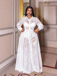 Maweii Vestido elegante de manga larga y transparente con botones delanteros para tallas grandes - Blanco - Ver 5