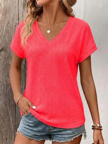 SHEIN LUNE 女士纯色V领蝙蝠袖短袖休闲宽松T恤 - 紅色 - 查看 3