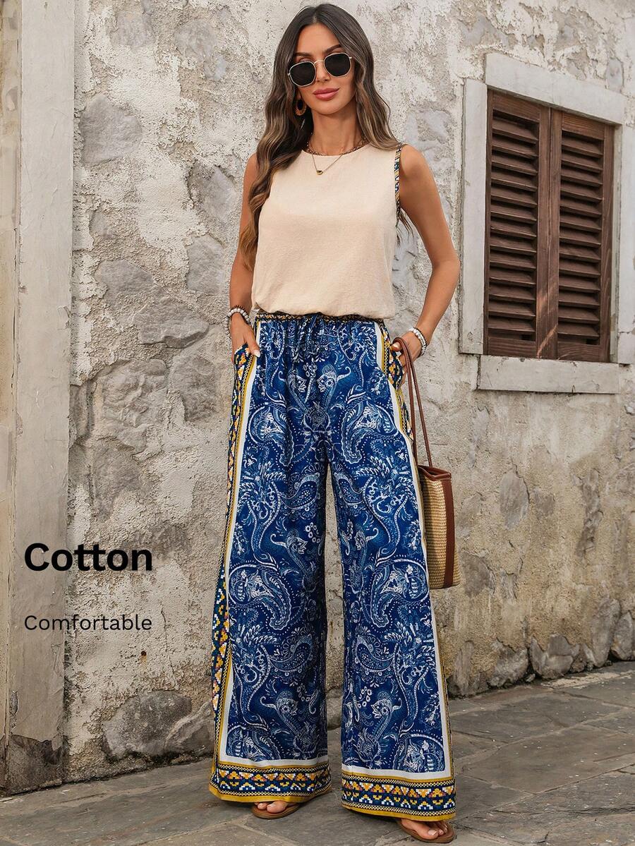 EMERY ROSE Women's Beige Summer Boho Vacation Holiday Cotton 2 Pieces Set,Contrast Trim Camisole And Floral Print Wide Leg Palazzo Pants,Casual Beach Outfits - Multicolor - View 1