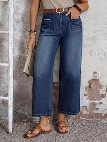 EMERY ROSE Mature Denim 女士宽松双口袋阔腿休闲牛仔裤，适合夏季嘉年华、通勤、度假、毕业典礼等场合，时尚百变，可爱街头风，适合派对、婚礼、商务休闲等场合。女士深色水洗阔腿牛仔裤，前口袋设计，中腰复古风格，时尚百搭。女士中度水洗阔腿牛仔裤，卷边裤脚，宽松版型，适合日常穿着。 - 藍色 - 查看 8