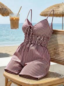 GlowEve Bộ jumpsuit nữ kẻ sọc xanh trắng, kiểu dáng thanh lịch, phong cách Pháp giản dị, thích hợp cho đi biển, dạo phố, đi làm, hẹn hò, công sở, sự kiện, không tay. - Màu Đỏ Sâu - Xem 3