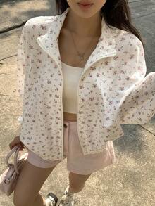 DAZY Spring Cotton Ditsy Floral Casual Loose Fit Outdoor Jacket, White - White - View 7