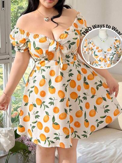 CovetEZ Plus Size Romantic Bohemian Fruit Print Off-Shoulder Short Puff Sleeve Bow A-Line Casual Vacation Dress, Spring/Summer
