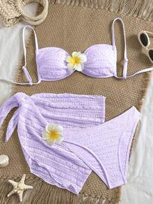 Swim Mod 女士提花面料芙蓉花装饰露背性感比基尼三件套，适合海滩和度假 - 紫色 - 查看 4