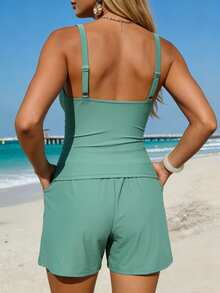 Swim Lushoire Conjunto de traje de baño de camiseta y tankini con tirantes fruncidos laterales y decoración dorada para mujer - Verde militar - Ver 4