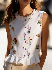 GlowEve 春夏新款艺术法式甜美碎花荷叶边无袖衬衫 - 彩色 - 查看 7