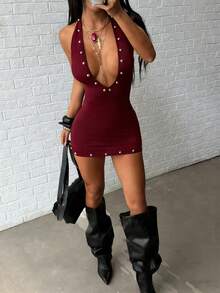 Jeanoix Women's Solid Color Rivet Decor Halter Backless Sexy Dress - Burgundy - View 4