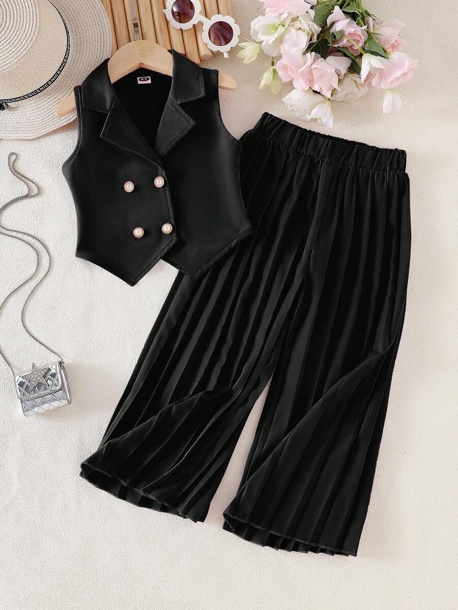 SHEIN Elladie kids 女童（小号）优雅黑色无袖西装背心和阔腿裤两件套，精致职业装，时尚百搭 - 黑色 - 查看 1