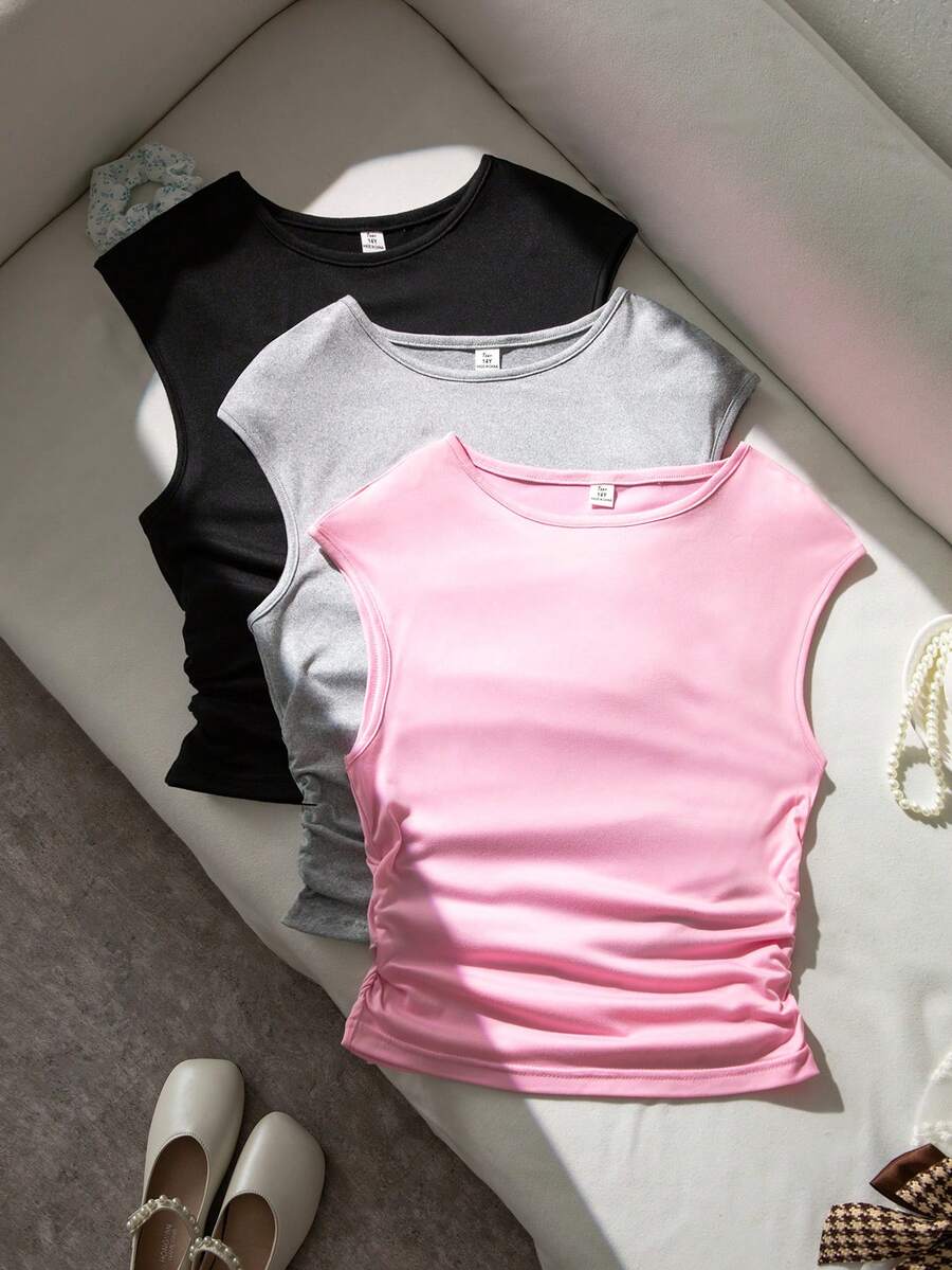 SHEIN 3件組青少年女孩粉色夏季休閒沙灘T恤,圓領無袖寬肩修身上衣,側面皺褶設計 - 灰色 - 查看 1