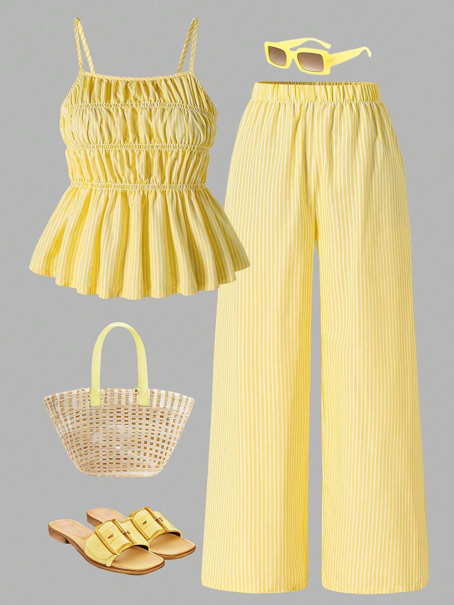SHEIN 2pcs Soft Camisole & Wide Leg Pants Set For Teen GirlElastic Waist Loose Fit Casual Summer Outfit - Yellow - View 1