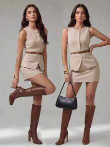 SHEIN Tall Elegant Solid Color Fitted Vest And Short Skirt Suit, Suitable For Daily Commute In Fall/Winter - Beige - View 1
