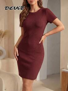 DEVIT Vestido Rib Básico Midi Ajustado de Manga Corta con Cuello Redondo - Vino - Ver 1