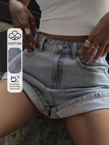 Livesso Pantalones cortos de mezclilla de algodón de unicolor casual para mujer en verano - Lavado ligero - Ver 1