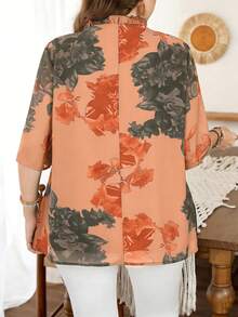 Lacomfia Áo kiểu nữ cỡ lớn dáng rộng bằng chiffon in họa tiết, chi tiết sọc phía trước, tay lửng, có lớp lót, thích hợp cho các dịp thường ngày vào mùa xuân và mùa hè. - trái cam - Xem 2