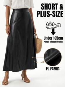 SHEIN PETITE CURVE 新款加大码女式小码黑色高腰PU半身裙，适合通勤，高腰设计让您看起来更苗条，腿部更修长，适合娇小身材的女性。适合所有季节和场合。 - 黑色 - 查看 3