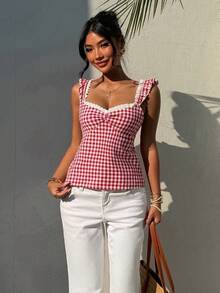 Aloruh New Spring/Summer Women Sexy Sweet Cute Gingham Lace Trim Heart Neck Backless Bow Tie Slim Fit Camisole Vacation Party Tank Top - Red - View 1