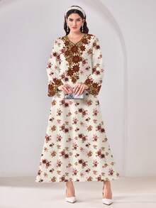 Al Najma 花卉图案长袖休闲端庄阿拉伯风格连衣裙 - 彩色 - 查看 1