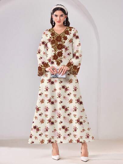 Al Najma 花卉图案长袖休闲端庄阿拉伯风格连衣裙