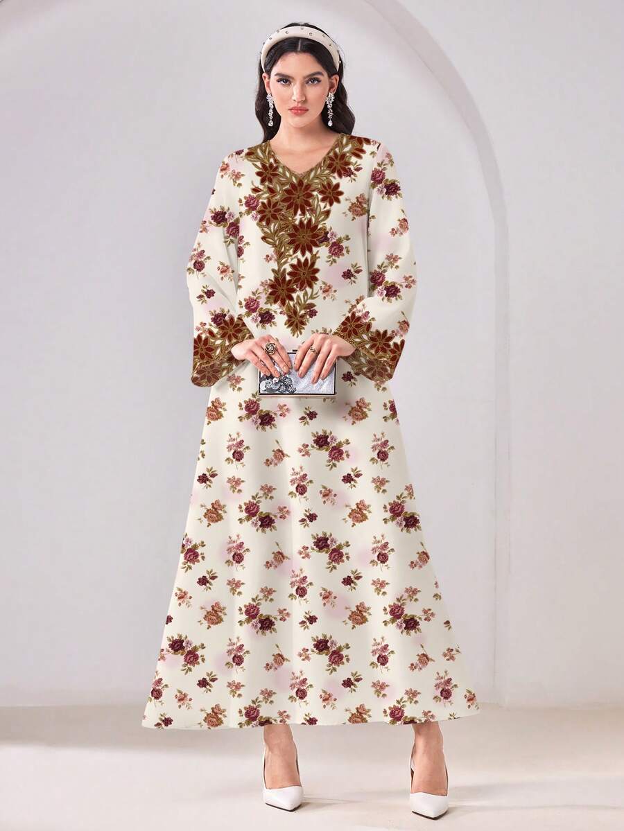 Al Najma 花卉图案长袖休闲端庄阿拉伯风格连衣裙 - 彩色 - 查看 1