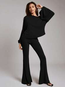 Hauture Women's 2 Pieces Set Off Shoulder Semi Sheer Knit Loose Top With Flare Maxi Pant - Black - View 4
