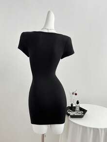 Elamini Deep V-Neck Tie Waist Black Mini Dress, Casual For Spring/Summer - Black - View 2