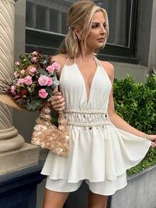 Elyressa Women's Solid Color Halter Tie-Up Backless Stylish Date Night Jumpsuit - Apricot - View 4