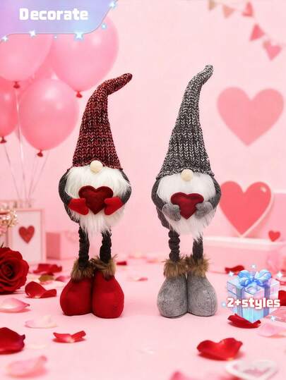1pc, Valentine's Day Wedding Day Gnome Plush Decoration - Retractable Leg Table Ornament For Festive Home Party Decor Gift,Rudolph With A Heart Decorations, Telescopic Knitted Faceless , Standing Figure Nordic Christmas Ornament Spot