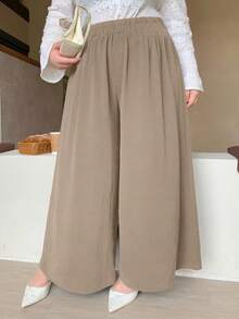 Dazy Plus Plus Size Solid Color Wide Leg Pants/Culottes, Minimalist Fashion Casual Wear, All Season,Fall Clothes,Teacher Pants - Apricot - View 4