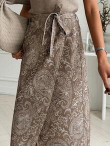 Spring & Summer Botanical Floral & Geometric Print Bohemian Casual Vacation Style Twist Tie Waist A-Line Denim Skirt Boho - Brown - View 4