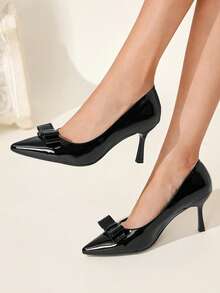 CUCCOO CHICEST Women's Elegant Bowknot Decor Pointed Toe Glossy Pumps, Suitable For Work And Commute Valentine's Day Elegant Shoes Wedding Shoes Summer Shoes Bride Shoes - Black - View 1