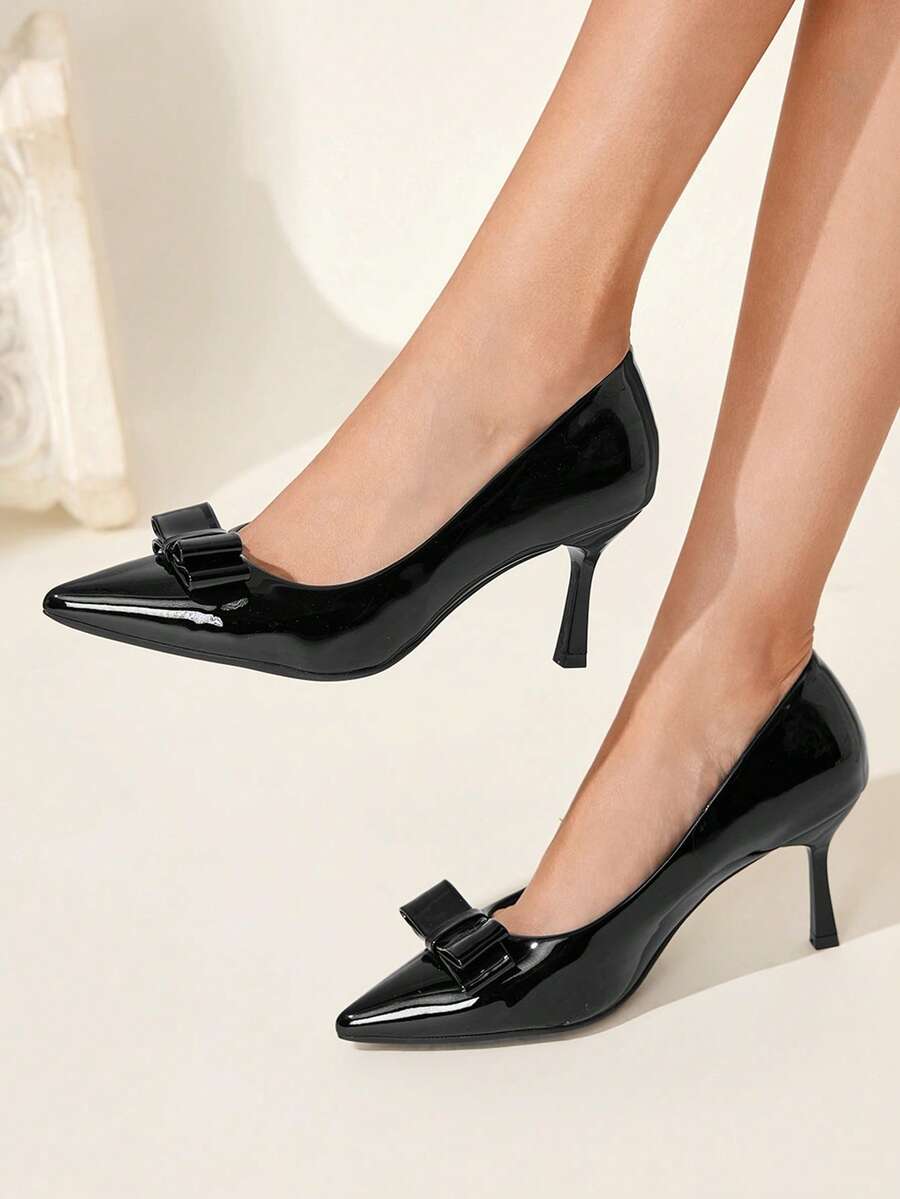 CUCCOO CHICEST Women's Elegant Bowknot Decor Pointed Toe Glossy Pumps, Suitable For Work And Commute Valentine's Day Elegant Shoes Wedding Shoes Summer Shoes Bride Shoes - Black - View 1