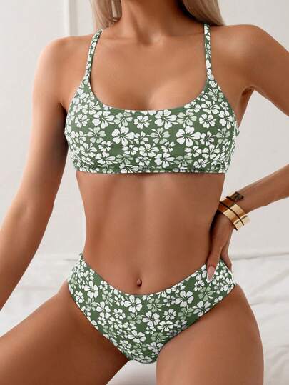SHEIN Swim Women's Swimsuit Set, Printed Tankini, Wireless