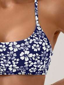 SHEIN Swim 女士泳衣套装，印花坦克背心式泳衣，无钢圈 - 藏蓝色 - 查看 3