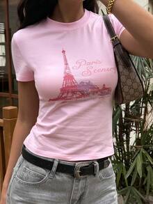 DAZY 女士圆领棉质印花修身粉色T恤，夏季图案T恤 - 粉色 - 查看 6