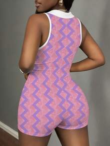 Slaydiva Women's Geometric Print Button Design Sleeveless Casual Jumpsuit - Multicolor - View 3