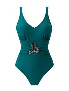 Swim Oasis 女士孔雀绿连体长裙，金属装饰，可调节深V领设计，网纱裙摆，高端套装，适合度假和晚宴。 - 綠色 - 查看 4