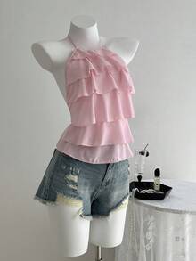 Elamini Top halter de unicolor con volantes multicapa para mujer - Rosa Pálido - Ver 4