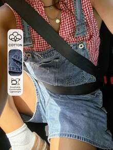 DAZY Quần yếm denim ngắn tối giản màu trơn dành cho nữ, phong cách Y2K - Rửa trung bình - Xem 1