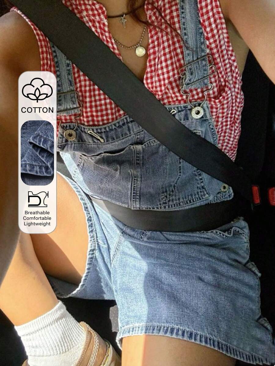 DAZY Quần yếm denim ngắn tối giản màu trơn dành cho nữ, phong cách Y2K - Rửa trung bình - Xem 1