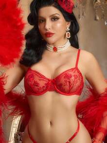 1pc Women's Red Embroidered Bow Sexy Bra - Red - View 2