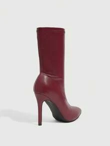 Daringsoles 女款尖頭性感側拉鍊彈性靴 貼身PU短靴 高跟靴 派對度假休閒女靴 - 酒紅PU - 查看 11