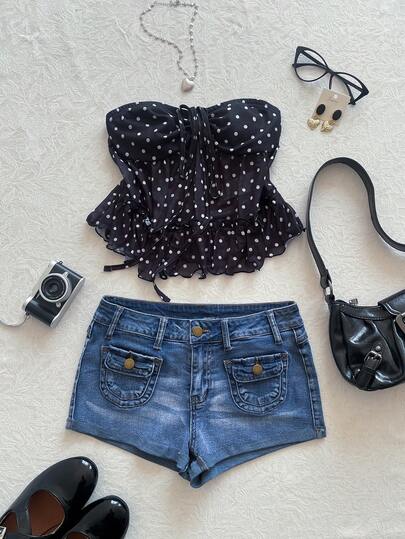 Elamini 女士休闲水洗牛仔短裤，夏季