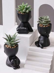 1PC Artificial Succulent Plants Single Pot Small Human Shaped Succulent 3 Styles Optional Black Ceramic Pot Cartoon Design Green PP PE Material For Desktop Home Garden School Dorm Office Decor - Black - View 5
