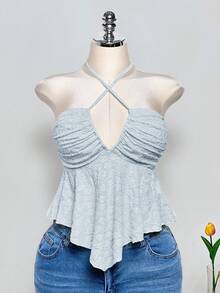 SHEIN ICON Plus Size Criss-Cross Halter Backless Jacquard Yellow Crop Top, Suitable For Summer, Vacation, Y2K - Baby Blue - View 1