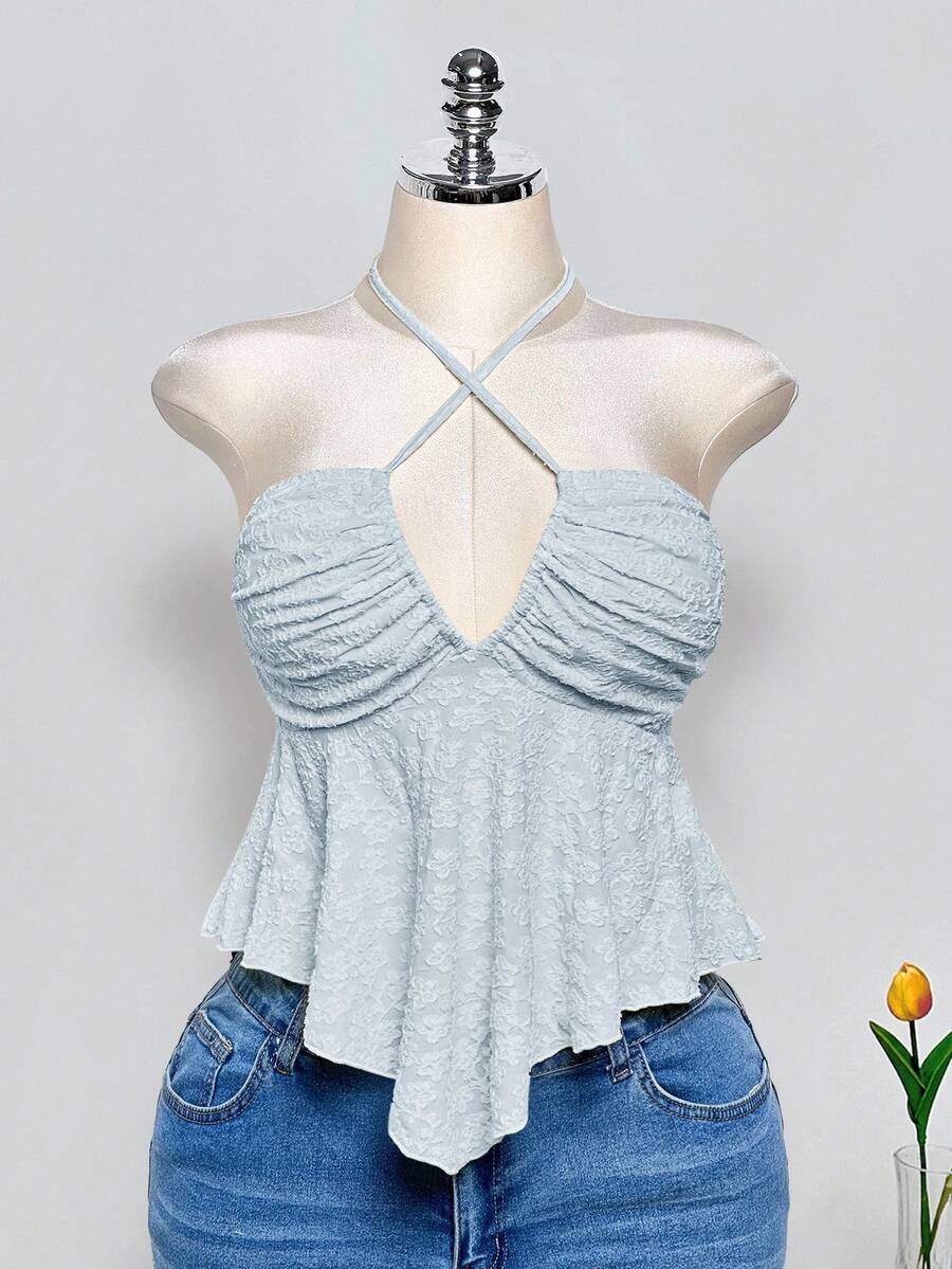 SHEIN ICON Plus Size Criss-Cross Halter Backless Jacquard Yellow Crop Top, Suitable For Summer, Vacation, Y2K - Baby Blue - View 1