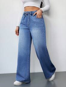 SHEIN Tall 女款休閒高腰寬腿牛仔長褲 藍色，適合高個女性 - 中等水洗藍 - 查看 5