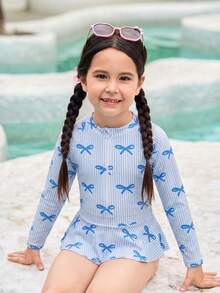 SHEIN 女童蝴蝶结条纹长袖拉链连体泳衣 - 寶藍色 - 查看 1