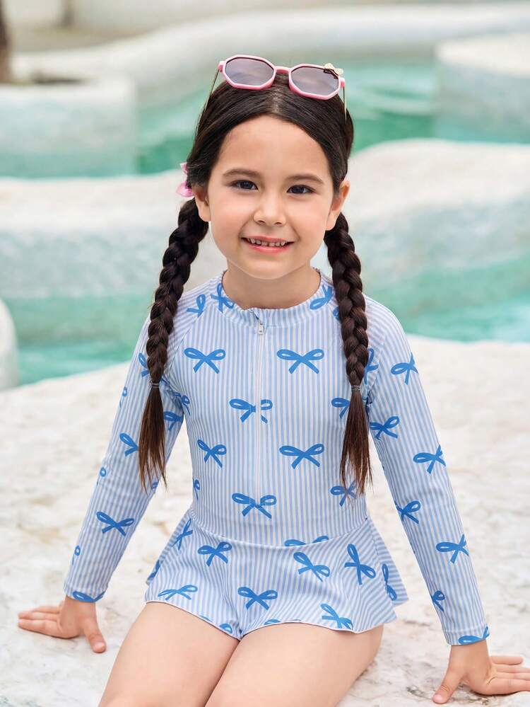 SHEIN 女童蝴蝶结条纹长袖拉链连体泳衣 - 寶藍色 - 查看 1