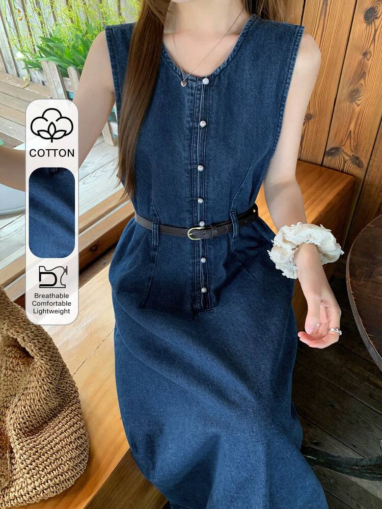 Women's Round Neck Sleeveless Pearl Button Decor Long Casual Denim Dress